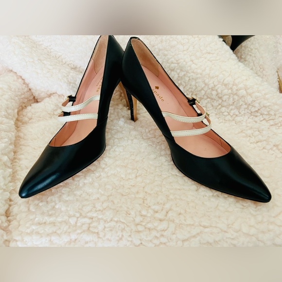 🎉HP🥳 Kate Spade Elpetha Heels in Black w/ Black Sparkle Heel & Cream Dbl Strap - Picture 9 of 16